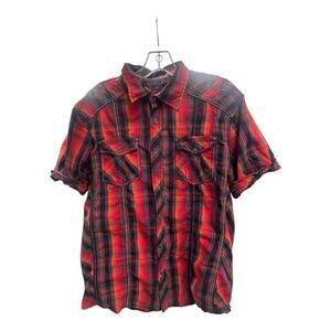 Rebel & Soul Shirt Mens XL Button Up Orange Red Black Plaid Short Sleeve